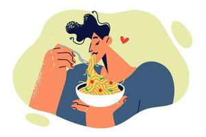 Man eats spaghetti or pasta ordered from italian restaurant and enjoys long-awaited dinner. Young guy eats appetizing dish with vegetables and delicious sauce to remove appetite. vector