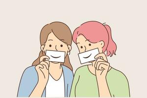 Two women with fake smiles hold papers with drawn emotions and pretend to be happy. Concept of hypocrisy and psychological problems causing desires to appear successful and happy or friendly vector