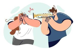 Man plays trombone, causing discomfort to woman covers ears and does not want to listen to classical music. Concept of lack of musical ear and talent for guy dreams of entering music college vector