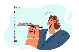 Woman fills in calendar business deadlines and prepares to fulfill tasks of manager in promising new startup. Girl making marks in list of deadlines to track quality of work performed by subordinates vector