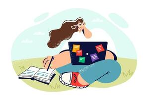 Student girl sits on grass with laptop on knees and makes notes in notebook, receiving distance education. Female university student smiles, rejoicing at opportunity to gain new knowledge from park vector