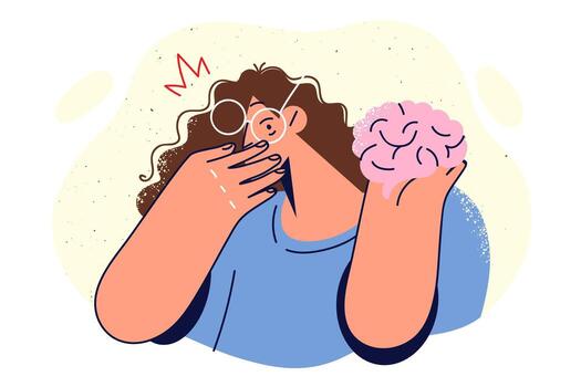 mujer con cerebro en mano y cierra boca en sorpresa, siendo especialista en estudiar de neurología o psiquiatría. estudiar de cerebro problemas y psicológico problemas causado por mental trastorno o bajo iq vector