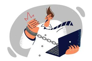 Businessman handcuffed to laptop symbolizes strict deadlines and lack of free time for rest. Embarrassed man in formal wear holding computer and needing help not to miss project deadlines vector