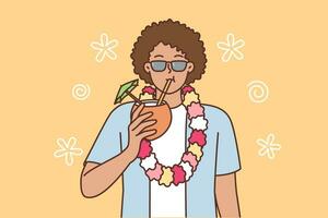 Ethnic man tourist from island of Hawaii drinks coconut cocktail from straw and invites to beach party. African American guy in sunglasses calls for summer vacation or weekend in Hawaii vector