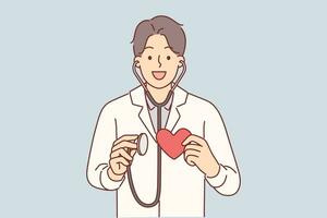 hombre cardio cirujano con estetoscopio y corazón ofrecimiento a someterse examen a Mira para potencial salud problemas. chico en blanco Saco estudios corazón enfermedades y hace diagnóstico después medición legumbres vector