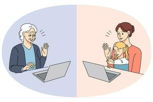 Happy old woman talk online on video call with daughter and granddaughter. Smiling family enjoy webcam conversation on computer. Vector illustration.