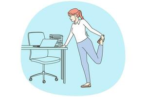 Businesswoman stretching at desk table at office. Female employee do sports or workout at workplace. Healthy active lifestyle. Vector illustration.