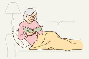 Grandmother is reading book sitting on couch, covering legs with blanket and enjoying exciting plot from fiction literature. Grandmother sits in cozy apartment reading encyclopedia before going to bed vector