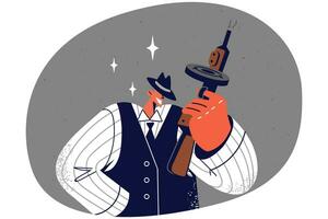 Smiling gangster in suit holding gun in hands looking cool. Happy man criminal in western style clothing. Crime and mafia. Vector illustration.