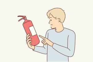 Man holds fire extinguisher checking expiration date of equipment for extinguishing flame in emergency. Guy controls quality of fire extinguisher, for concept of preventive measures to combat burning vector