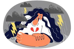 Unhappy woman crying suffering from broken heart. Upset girl struggle with separation or breakup. Relationships end concept. Vector illustration.