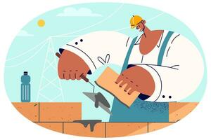 Male construction worker in uniform and helmet working. Man builder use bricks building house at site. Vector illustration.