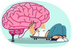 Man mechanic fixing brain with instruments. Concept of male psychologist repair patient mind, give help. Mental problems solving and recovery. Vector illustration.