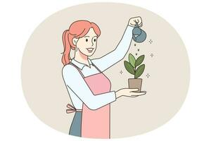 contento mujer riego planta. sonriente hembra en delantal tomar cuidado de planta de casa. jardinería y horticultura. vector ilustración.