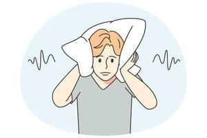 Man covering ears with pillow unable to stand noise. Unhappy male avoid loud and noisy neighbors. Vector illustration.