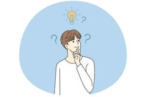 Young man feel confused brainstorm about innovative business idea. Curious male with lightbulb above head thinking about problem solution. Vector illustration.