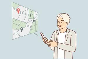 Man uses navigator on phone and builds route on map or looks for location of institution of interest. Guy with mobile navigator is exploring new city or booking place to visit via internet vector