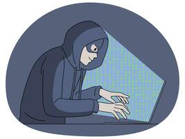 Man in mask hacking programs and websites on computer. Anonymous hacker steal personal information from laptop. Internet safety and security. Vector illustration.