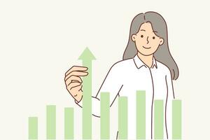 Businesswoman near graph raises indicator with hand for concept of corporate achievements and desire to increase profits. Analyst woman studying financial chart to understand reasons for income growth vector