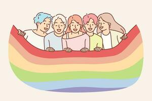 diverso personas con lgbt bandera participar en orgullo festival Hablando fuera para derechos de gays y lesbianas miembros de lgbt y lgbtq comunidad con arco iris bandera a apoyo gay relaciones vector