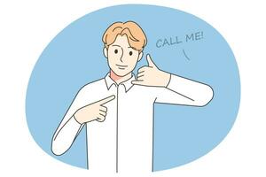 Young man showing Call me hand gesture. Male use body language for callback demand. Nonverbal communication. Vector illustration.