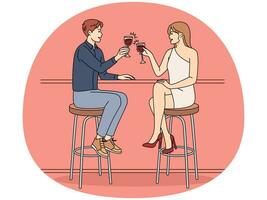 contento Pareja sentar a mostrador en bar salud con vino disfrutando fecha afuera. sonriente hombre y mujer Bebiendo cóctel relajante en noche en restaurante. vector ilustración.