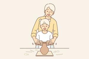 Girl and mother are making ceramic jug enjoying hobby of pottery and developing fine motor skills of hands. Young woman teaches daughter how to make pottery and create dishes from clay. vector