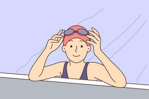 Little girl swims in pool and leaning on side looks at screen taking off diving goggles. Happy child in bathing suit is learning sports swimming or relaxing in hotel pool with parents vector