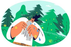 Unhappy man get lost in wood crying feeling abandoned and anxious. Upset stressed guy distressed in forest unable to find road back. Vector illustration.