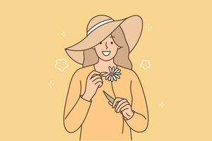 Woman with chamomile in hands and fortune-telling, tearing out petals from flower and saying loves or dislikes. Girl with chamomile is experiencing romantic emotions enjoying good spring weather vector