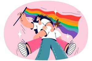 Happy couple with LGBT flag walking on pride parade. Smiling people supporting homosexual relationships. Homosexuality and same sex relations. Vector illustration.