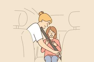 Caring mother uses child seatbelt to fasten little girl into passenger seat of car. Ensuring safety when transporting children and using seatbelt that protects against injury in accident vector