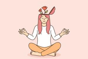 Yogi woman meditates and feels how flowers grow from head, symbolizing mental harmony or balance. Girl sits in lotus position and meditates to get rid of bad thoughts after receiving bad news. vector