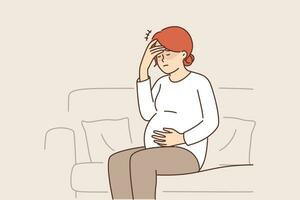 Pregnant woman feeling headache and migraine sitting on couch and waiting for doctor due to prenatal complications. Pregnant girl preparing to become mother needs in vitamins for immunity vector