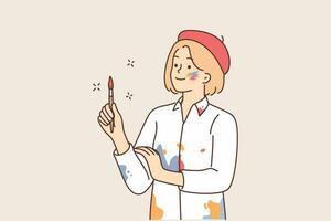 Woman artist in shirt stained with paint and beret holds brush and looks to side waiting for inspiration to create artwork. Girl artist doing creative work or making professional paintings vector