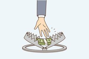 Person hand reaches for money in trap, symbolizing risky income or danger when taking mortgage and loan. Person who takes dirty money risks falling in trap and getting into trouble. vector