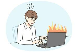 Man working on computer in office stressed to meet deadline. Unhappy distressed businessman overwork on laptop burning. Job burnout. Vector illustration.