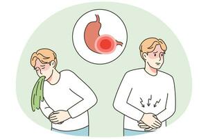 Unhealthy man suffer from stomachache vomit. Unwell male character struggle with food poisoning or indigestion. Healthcare. Vector illustration.