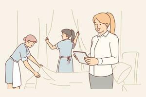 Housekeeping manager supervises work of maids cleaning hotel room before checking in guest. Woman from housekeeping department makes career as administrator of hostel or large chain hotel vector