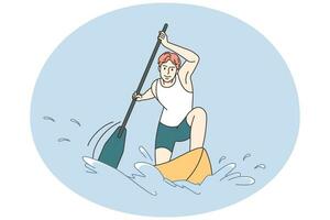 Strong man athlete sailing in canoe. Sportsman in uniform rowing in ship or boat in competition. Water sport. Vector illustration.