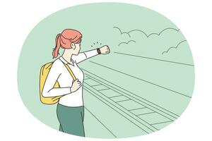 Young woman with backpack standing on platform checking time for late train. Female traveler experience public transport delay at railway station. Vector illustration.