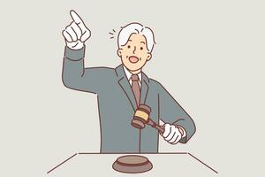 Man auctioneer holds wooden mallet and points finger at potential buyer named lowest price for item. Elderly human in business suit works as auctioneer or barker selling rare goods. vector