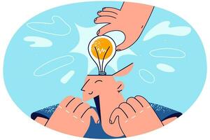 Person put lightbulb in man head help find solution to problem. Smiling male excited with creative innovative idea generation. Innovation concept. Vector illustration.