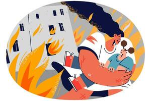 Caring mother saving small child from burning house. Sacred worried woman with kid in hand run escape from building in fire. Vector illustration.
