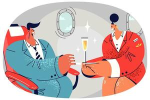 Smiling stewardess serve rich businessman in business class on flight. Caring aircraft crew bring champagne to male traveler in first class in plane. Vector illustration.