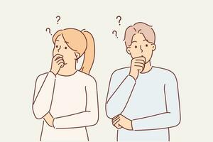 Thoughtful couple touches chins in embarrassment when pondering important question or showing indecision. Thoughtful man and woman choosing solution for relationship problem that has arisen vector