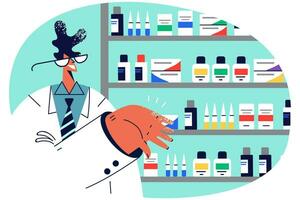 Smiling male pharmacist consult in drugstore. Happy medical specialist working in drugstore selling medications and pills. Healthcare and medicine. Vector illustration.