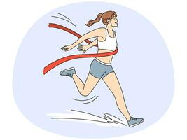 Happy sportswoman in uniform running finish first in race. Smiling female athlete win in competition. Sport and leadership, vector illustration.