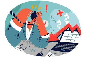 Stressed businessman sit at desk overwhelmed with financial bad statistics. Unhappy male employee distressed with negative report results. Business failure. Vector illustration.