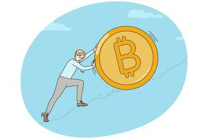 Businessman pushing bitcoin uphill prevent price from falling. Man employee saving cryptocurrency from crisis or fluctuation. Trade and investment. Vector illustration.